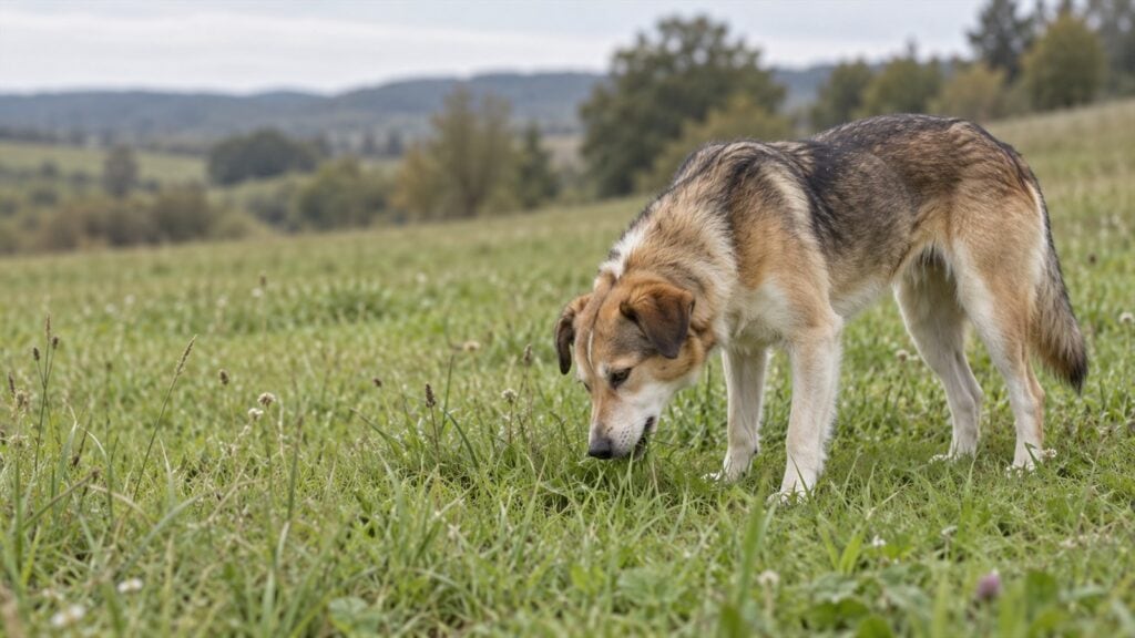 Mittelgroßer Mischling steht auf einer Wiese und rupft Grashalme ab