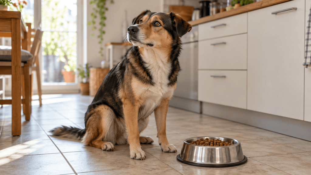 Hund sitzt vor einem vollen Futternapf und dreht den Kopf weg