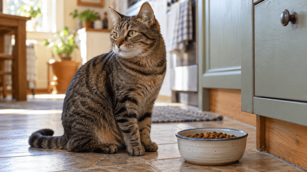 Katze sitzt vor einem vollen Futternapf und dreht sich weg