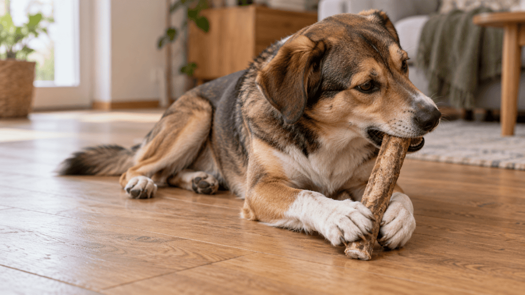 Mittelgroßer Hund liegt auf Holzboden und kaut an einem Ochsenziemer