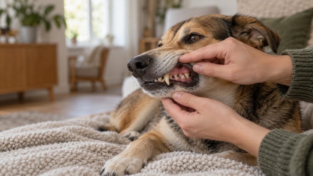 Hand hebt die Lefze eines ruhig liegenden Hundes an, um die Zähne anzusehen